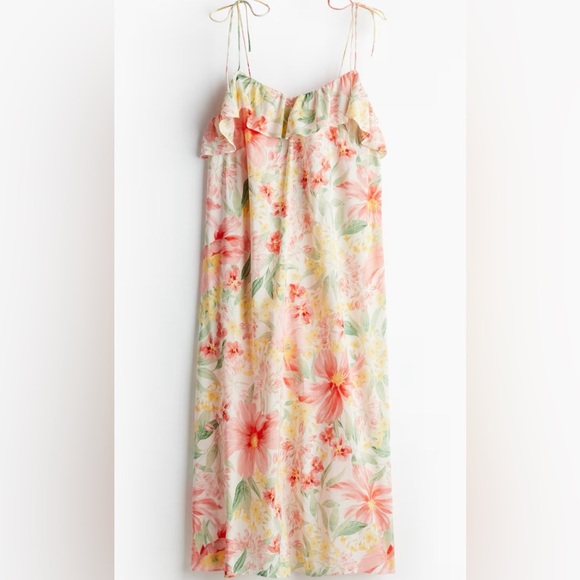 H&M| Pink Floral Flounced Camisole Midi Dress w/ Spaghetti Straps Sz XL - Picture 1 of 8